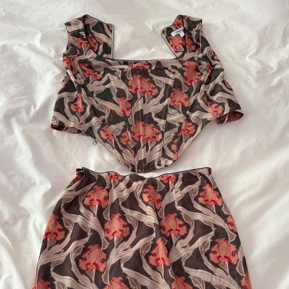 Floral Print Crop Top & Skirt Set - Pink, Black, Cream